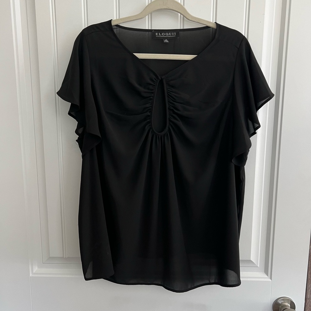 Blouse with keyhole neckline and flutter sleeves